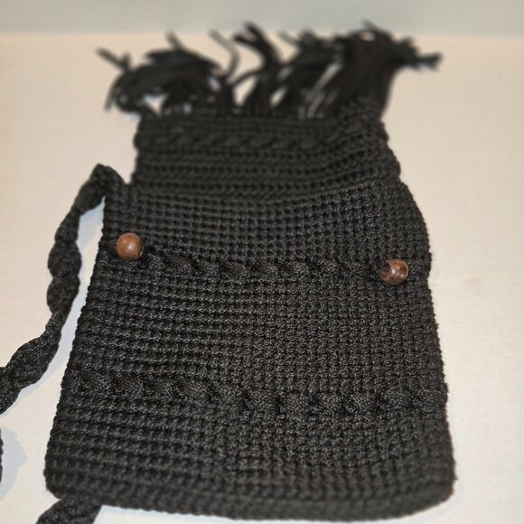 Macreme Crossbody Purse Black 9" with Wood Bead Closure - Picture 2 of 6